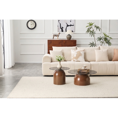 Set of 2 Walnut Nesting Glass Coffee Tables, Space-Saving Round Center Table