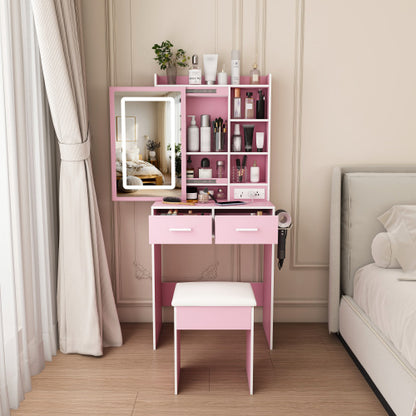 Pink Small LED Vanity Desk, Built in USB?AC Outlet, Hair Dryer Stand, Hidden Storage & Padded Stool