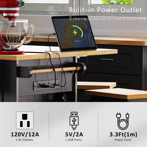 53inch Large Kitchen Island with 2 Bar Stools, Power Outlet,Door Internal Storage Rack, Kitchen Storage Cart on 5 Wheels with Drop Leaf, 5 Open Side Racks, 3 Drawers,Black (Three Packages)