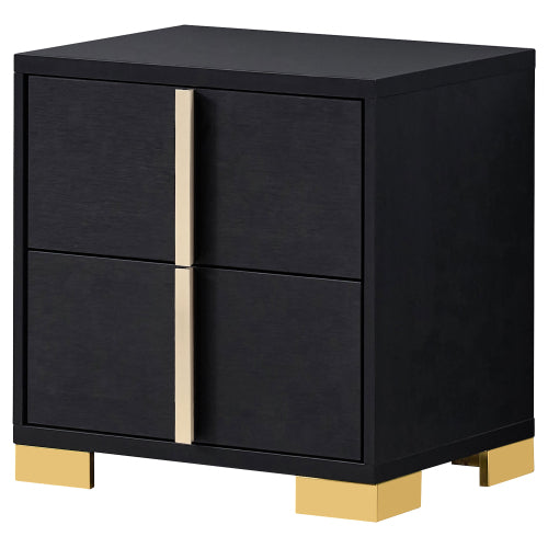 Black 2-Drawer Nightstand with Gold Accents, Modern Art Deco Bedside Table