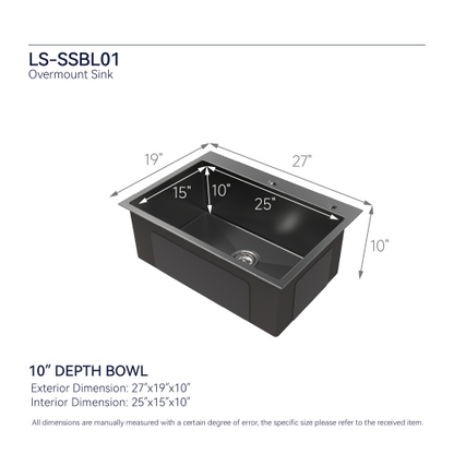 Stainless Steel Kitchen Sink, 27″x19″ Single Bowl, Overmount Handmade Sink in Black, with US Standard Drain and Hook, LS-SSBL01