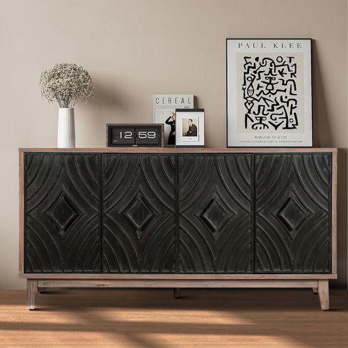 Mid Century Sideboard Buffet Cabinet with Solid Wood Legs and 4 Convex Pattern Diamond Doors