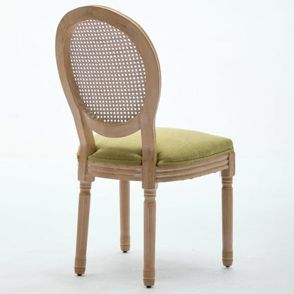 Set of 2 Olive Green French Solid Wood Rattan Back Dining Chairs, Antique Carved Frame 300 LBS Capacity