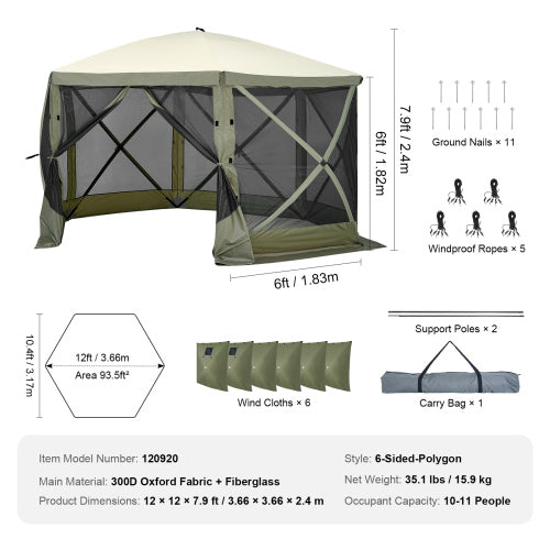 Pop Up Gazebo Tent, Pop-Up Screen Tent 6 Sided Canopy Sun Shelter with 6 Removable Privacy Wind Cloths & Mesh Windows, 12x12FT Quick Set Screen Tent with Mosquito Netting, Army Green