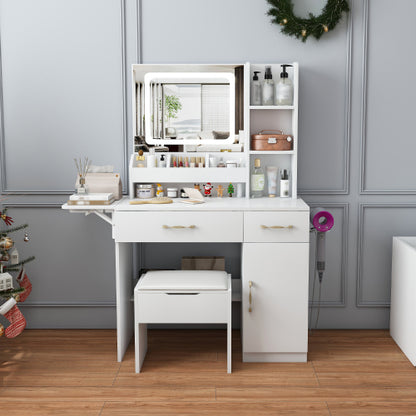 Vanity Desk with LED Mirror Lights and Power Outlet Charging Station, Makeup Dressing Table with 3 Drawers, 7 Shelves and Storage Stool, for Girls and Women (White)