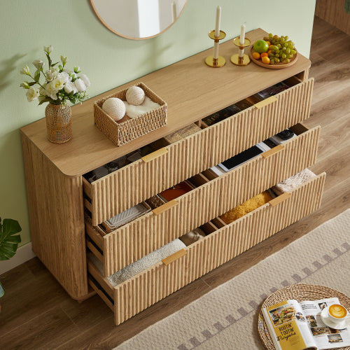 6 Drawers Dresser,55" Wide Modern Chest of Drawers Curved wave Design, Dresser TV Stand, Wood Drawer Organizer for Bedroom, Living Room, Hallway, Walnut,55.12''W x 15.75''D x 31.5''H.