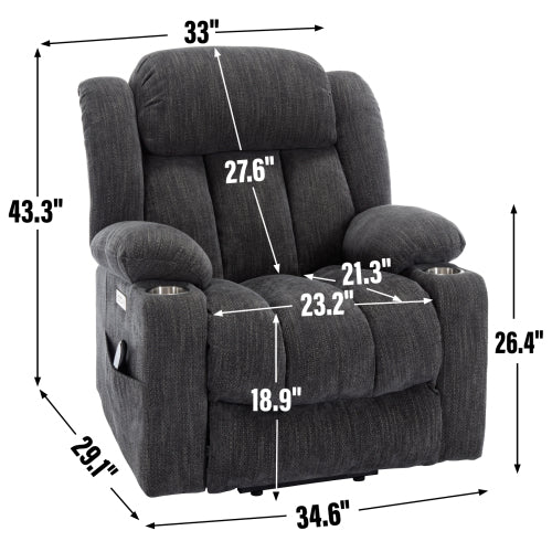 Up to 350 LBS Chenille Power Lift Recliner Chair, Heavy Duty Motion Mechanism with 8-Point Vibration Massage and Lumbar Heating, USB and Type-C Ports, Stainless Steel Cup Holders, Grey