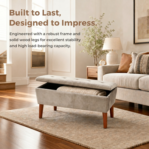 42 Inch Rectangular Linen Ottoman Bench, Solid Wood Tapered Legs, Multi-Use End of Bed & Entryway Shoe Ottoman
