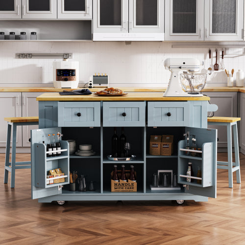 53inch Large Kitchen Island with 2 Bar Stools,Power Outlet,Door Internal Storage Rack,Kitchen Storage Cart on 5 Wheels with Drop Leaf,5 Open Side Racks,3 Drawers,Grey Blue (Three Packages)