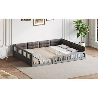 Wood Full Size Upholstered Platform Bed with Guardrail and Pillow, Gray