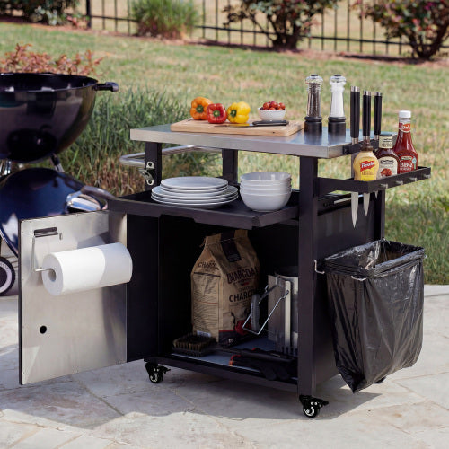 39.5 inch Outdoor Grill Cart with Storage Cabinet, Outdoor Bar Cart Pizza Oven Table with Wheels, Stainless Steel Top, Outdoor Kitchen Island with Spice & Paper Rack for BBQ, Waterproof Cover Included