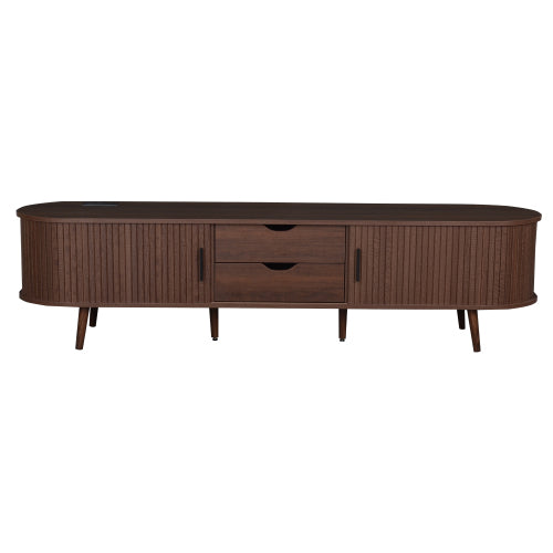70.8 Inch Mid-Century TV Stand with Tambour Doors, Rattan Drawers & Power Outlet for 80 Inch TV