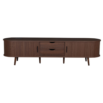 70.8 Inch Mid-Century TV Stand with Tambour Doors, Rattan Drawers & Power Outlet for 80 Inch TV