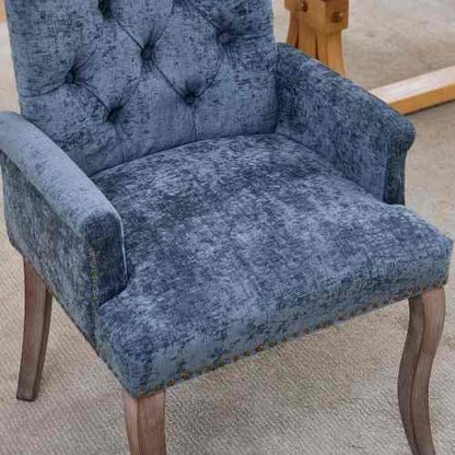 Upholstered Chenille Arm Dining Chair, Tufted Accent Chair with Curved Solid Wood Legs, Blue, Single Pack