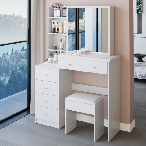 37inch  Middle Size Left Bedside Cabinet Vanity Table + Cushioned Stool, Extra Large Right sliding mirror, Multi Layer High Capacity Storage, Practical Fashionable Dresser, Suitable For Large Space