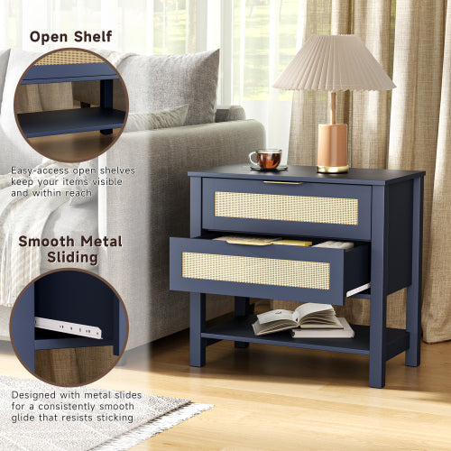 Boho Rattan Nightstand with 2 Drawers & Open Shelf