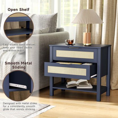 Boho Rattan Nightstand with 2 Drawers & Open Shelf
