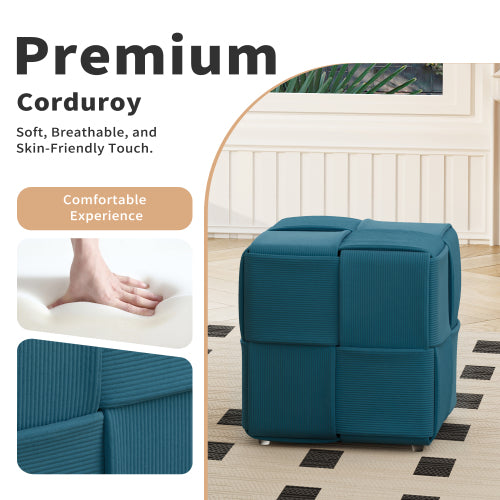 Blue Square Corduroy Ottoman Foot Stool, 300 LBS Sturdy No-Assembly Vanity Seat for Bedroom & Dorm