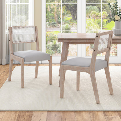 Set of 2 Beige Modern Farmhouse Linen Dining Chairs, Rattan Back Solid Rubberwood Padded Side Chairs