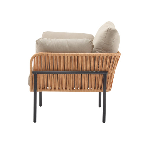 [Set of 2] 36" Beige and Light Wood-Tone Rope Iron Lounge Chair with Cushions, Perfect for Natural and Modern Spaces