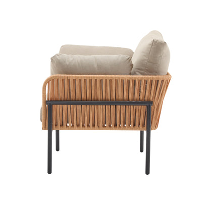 [Set of 2] 36" Beige and Light Wood-Tone Rope Iron Lounge Chair with Cushions, Perfect for Natural and Modern Spaces