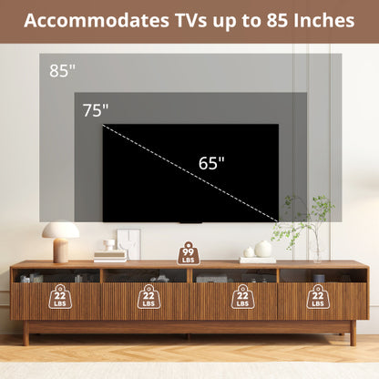 78.7 inch Walnut Fluted Glass Drawer TV Stand Solid Wood Leg Media Console Up To 85 inch TV