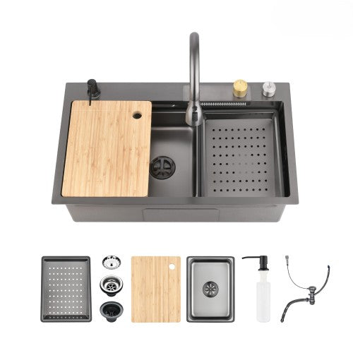 Waterfall Kitchen Sink, Stainless Steel Single Bowl in Black, Multifunctional Workstation with Flying-rain Faucet and Cutting Board, 30×22″ Stainless Steel Single Bowl Sink, SSBL12