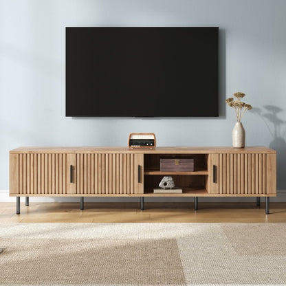 78.7 inch Natural Wood Vertical Groove TV Stand Heavy Iron Leg Entertainment Center For 85 inch TV