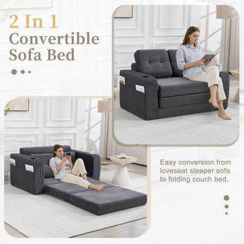 2-in-1 Fold-Out Corduroy Convertible Floor Sofa-Bed with Pockets