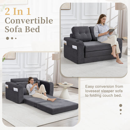 2-in-1 Fold-Out Corduroy Convertible Floor Sofa-Bed with Pockets