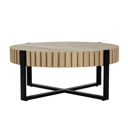 31.5inch  Round Drum Coffee Table MDF Wood Grain Industrial Metal Base