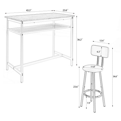 5-Piece Brown Espresso Counter Height Bar Table Set, MDF & Iron Frame Dining Set with 4 Stools & Storage Net