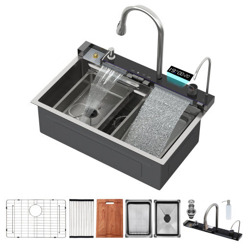 30" Kitchen Sink Waterfall Sink - 30 x 19 x 9 inch Multifunction Single Bowl 16 Gauge Stainless Steel Ledge Workstation Smart Top Mount Kitchen Sinks