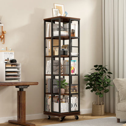 5-Tier Rotating Corner Bookcase 360¡ã Wood Display Shelf Rustic Brown
