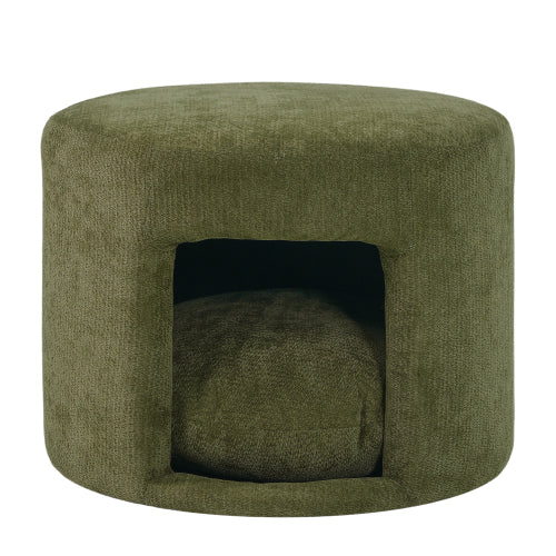 23.6 inch Round Green Pet Friendly Ottoman with Hidden Pet Nook, Acacia Wood Legs, 220 LBS Loading Capacity