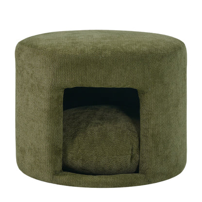 23.6 inch Round Green Pet Friendly Ottoman with Hidden Pet Nook, Acacia Wood Legs, 220 LBS Loading Capacity