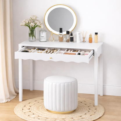 White 35.43inch  Vanity Desk with Drawer ¨C Modern Makeup Table with Scalloped Front & Gold Knob, Compact Writing Desk with 4 Sturdy Legs for Bedroom, Small Home Office & Apartment Spaces
