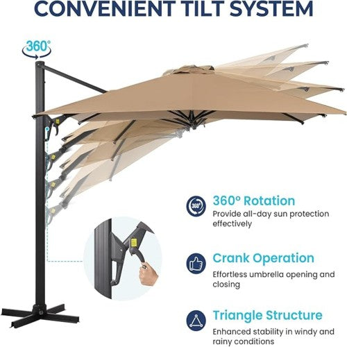 10 Ft Khaki Square Large Cantilever Patio Umbrella with 360° Rotation & Tit Adjustment and Heavy Duty Offset Polyester Canopy Deck Umbrella without base.
