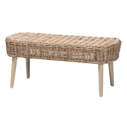 Modern Bohemian Natural Kubu Rattan and Grey Acacia Wood Accent Bench