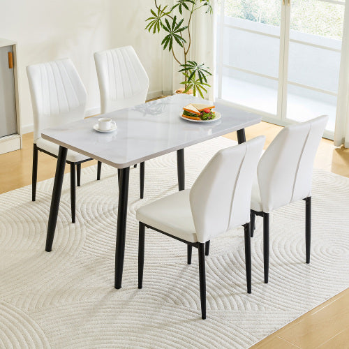 5-Piece White Tempered Glass Dining Set, Marble Texture Table with 4 PU Shell Pattern Dining Chairs