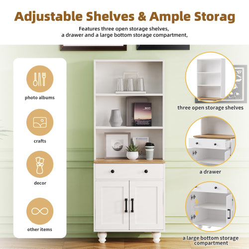 Farmhouse Pantry Cabinet with Drawer & Adjustable Shelves White