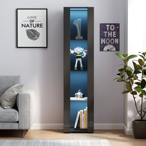 Black Tall Side Cabinet with Blue LED Strip Lights 40 Inch High Storage Lamp Furniture