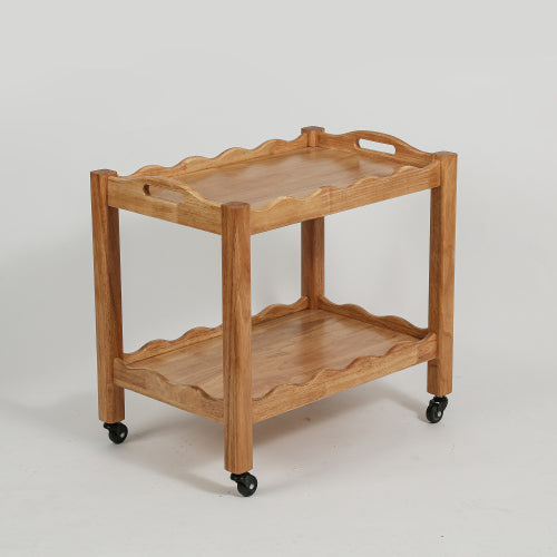Solid Rubberwood Rolling Side Table, 2-Tier with Lockable Wheels & Removable Tray, Sturdy Durable for Bar Cart, Nightstand, End Table, Sofa Table