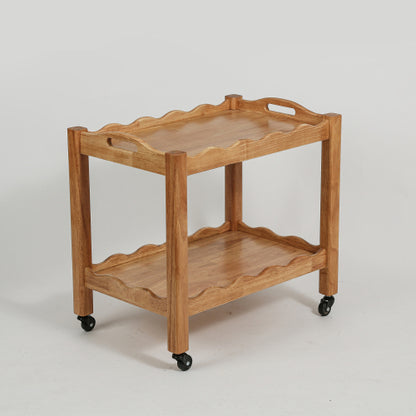 Solid Rubberwood Rolling Side Table, 2-Tier with Lockable Wheels & Removable Tray, Sturdy Durable for Bar Cart, Nightstand, End Table, Sofa Table