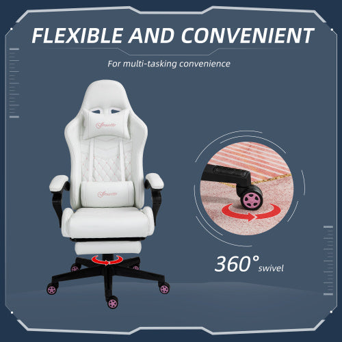 High Back PU Leather Gaming Chair, Racing Computer Chair with Swivel Wheels, Retractable Footrest, Headrest, Lumbar Support, and Armrest, White and Pink