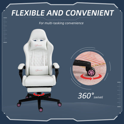 High Back PU Leather Gaming Chair, Racing Computer Chair with Swivel Wheels, Retractable Footrest, Headrest, Lumbar Support, and Armrest, White and Pink