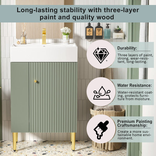 21.6" Green Bathroom vanity, Combo Cabinet, Bathroom Storage Cabinet, Single Ceramic Sink, Left side storage