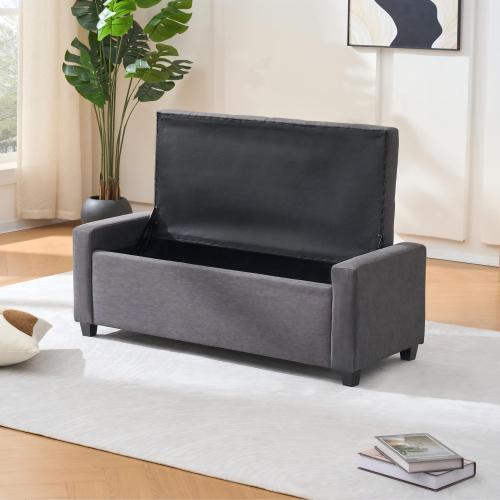 48 inch Grey Faux Linen Tufted Storage Bench, Safety Hinge Armrest Ottoman for Bedroom Entryway Living Room