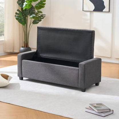 48 inch Grey Faux Linen Tufted Storage Bench, Safety Hinge Armrest Ottoman for Bedroom Entryway Living Room