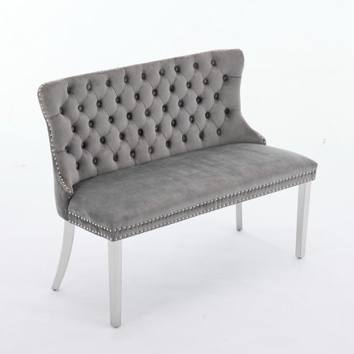 Velvet Double Dining Loveseat Bench, Kitchen & Dining Seating, 2-Seat Tufted Bench w/Handmade Buttons, Wing Back, Brushed Silver Stainless Steel Legs, Mid Century Modern,Single Pack,Gray